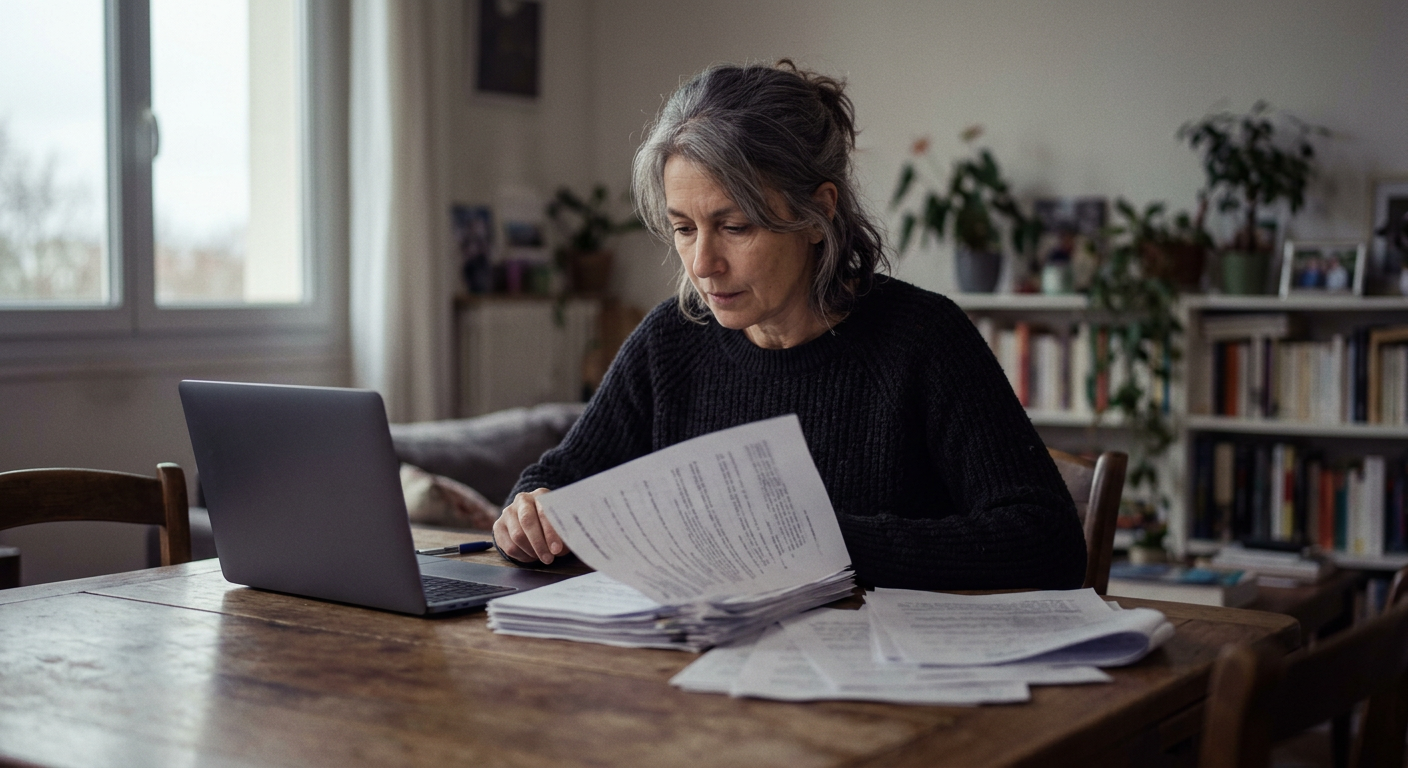 Une syndique bénévole relit les documents de sa copropriété à sa table, avant l'assemblée générale.