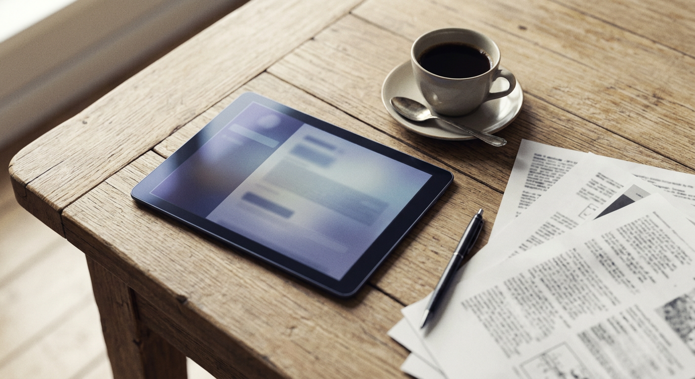 Une tablette affichant un aperçu de document, posée près d'un café sur une table en bois.
